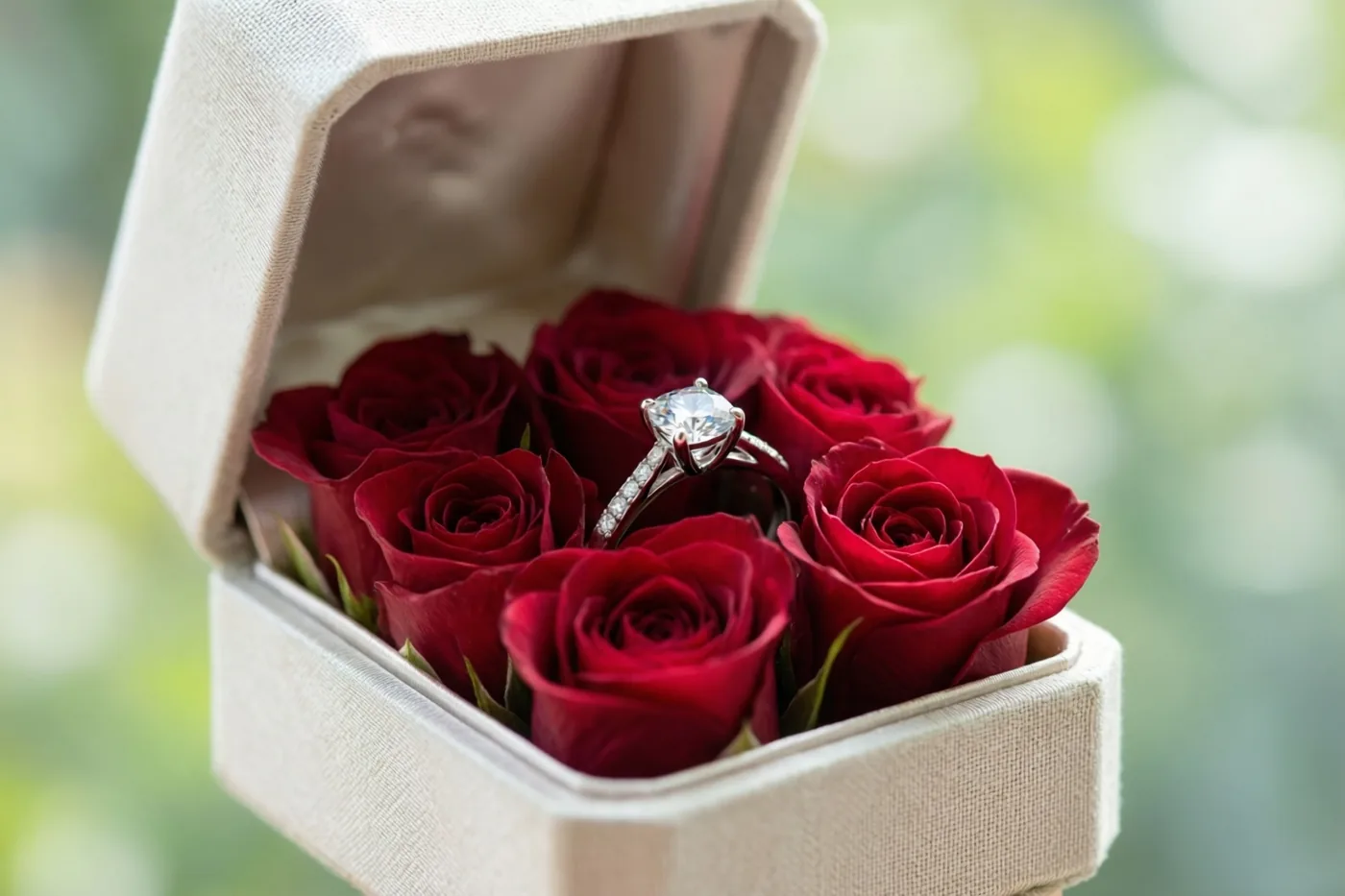 Een open crèmekleurig doosje met een ring met één diamant ligt tussen dieprode rozen tegen een onscherpe achtergrond met groene en gele lichtvlekken.