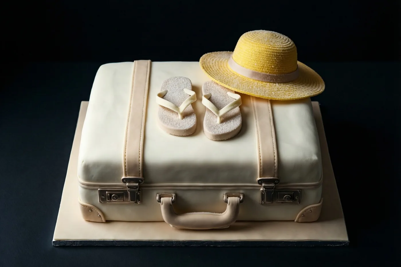 Een taart in de vorm van een gesloten crèmekleurige aktetas is versierd met slippers en een zonnehoed van suiker tegen een donkere achtergrond.