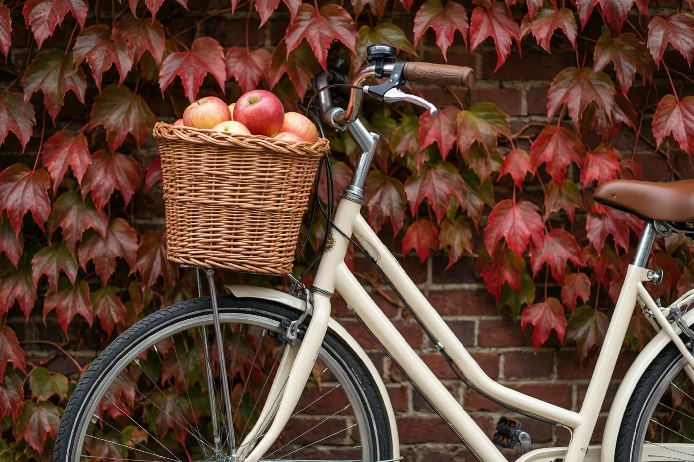 Een crèmekleurige fiets met een rieten mand vol rode appels leunt tegen een bakstenen muur met rode en groene klimopbladeren.