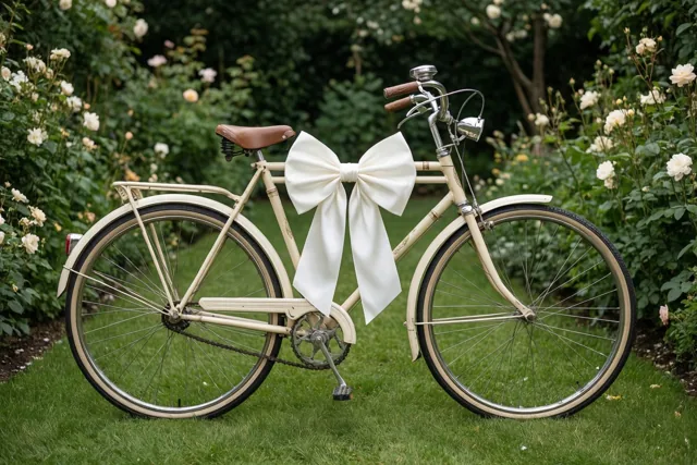 Een oude crèmekleurige fiets met een grote witte strik staat op groen gras in een tuin met witte rozen.