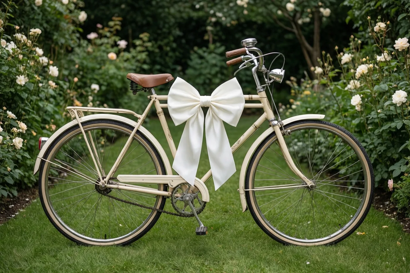 Een oude crèmekleurige fiets met een grote witte strik staat op groen gras in een tuin met witte rozen.