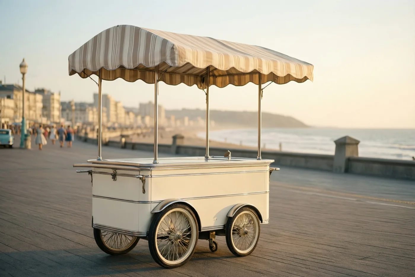 Een crèmekleurige vintage-ijskar met een gestreepte luifel staat op een houten promenade in goudkleurig licht, met de zee en gebouwen in de verte.