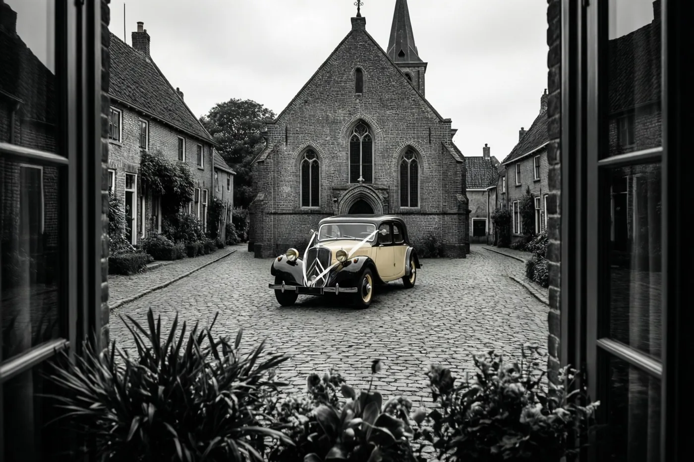 Door een raam is een crèmekleurige en zwarte oldtimer met linten te zien op een kasseistraat voor een bakstenen kerk, met de omgeving in zwart-wit.