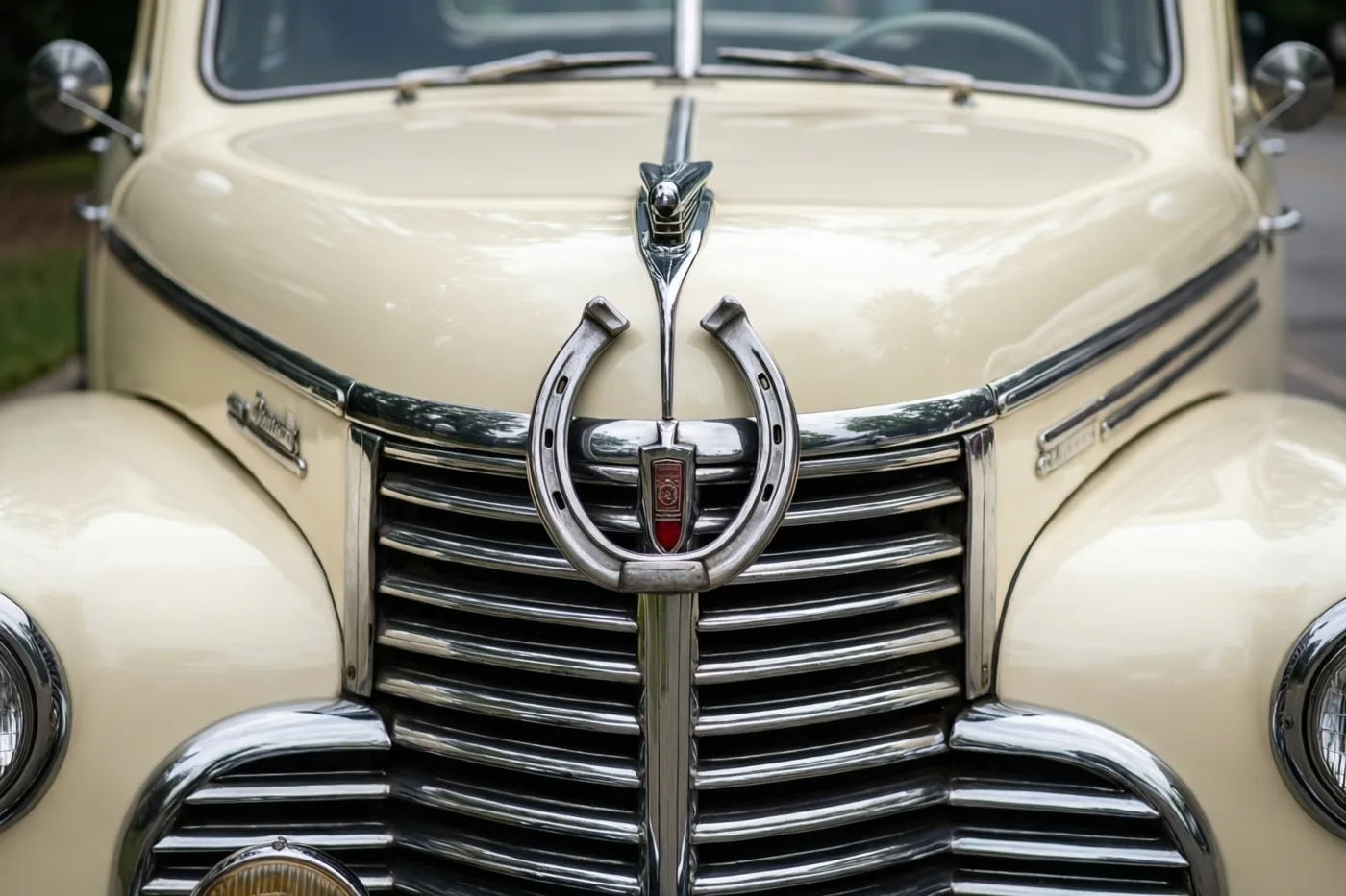 De grille van een crèmekleurige oldtimer is van dichtbij te zien met een groot verchroomd hoefijzer in het midden en glanzende accenten die de buitenomgeving weerspiegelen.