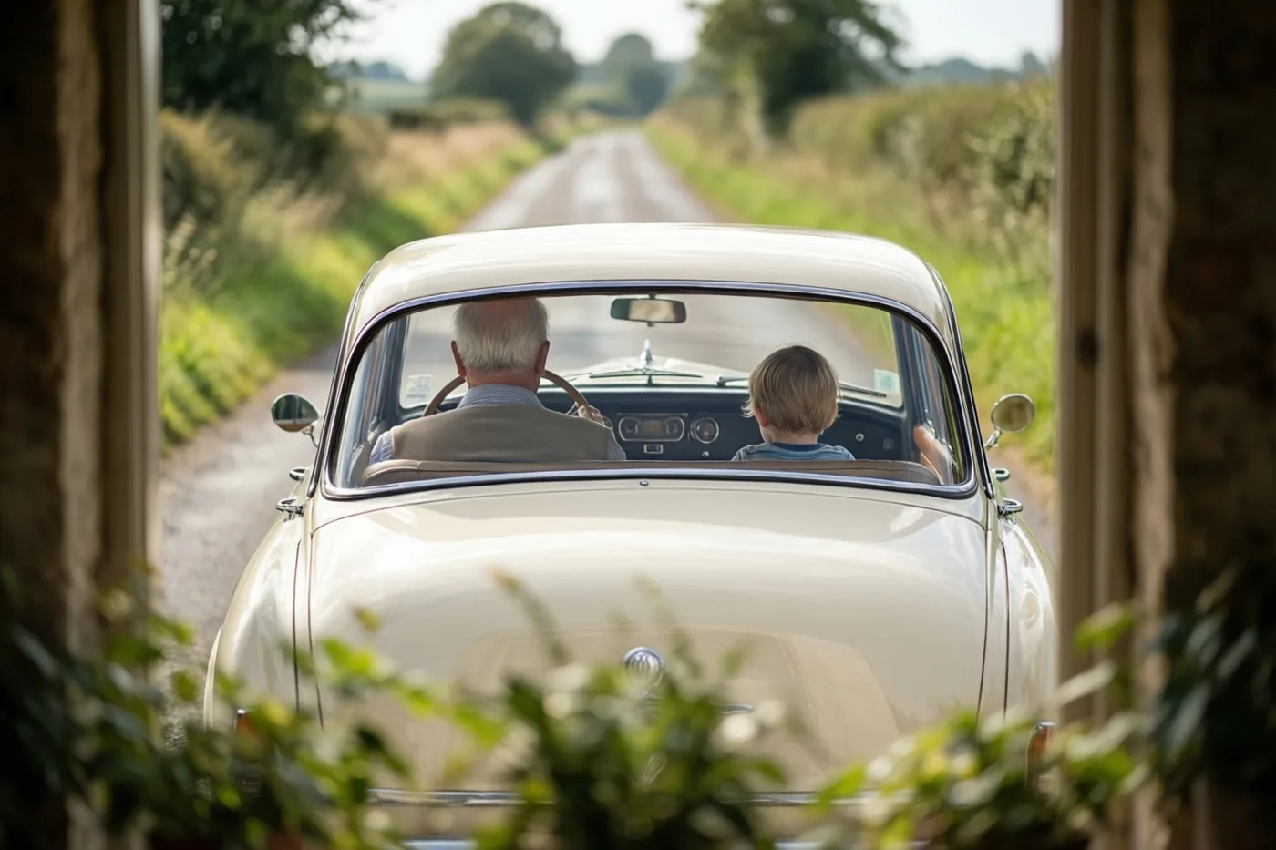 Door een stenen boog met groen is een crèmekleurige oldtimer van achteren te zien op een landweg, met een oudere man aan het stuur en een klein kind naast hem.