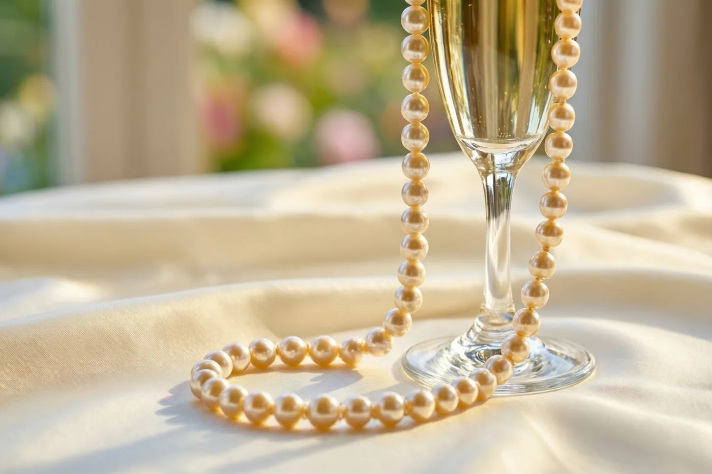 Een snoer crèmekleurige parels ligt naast een champagnefluit op gedrapeerde ivoorkleurige zijde in zacht, warm licht.