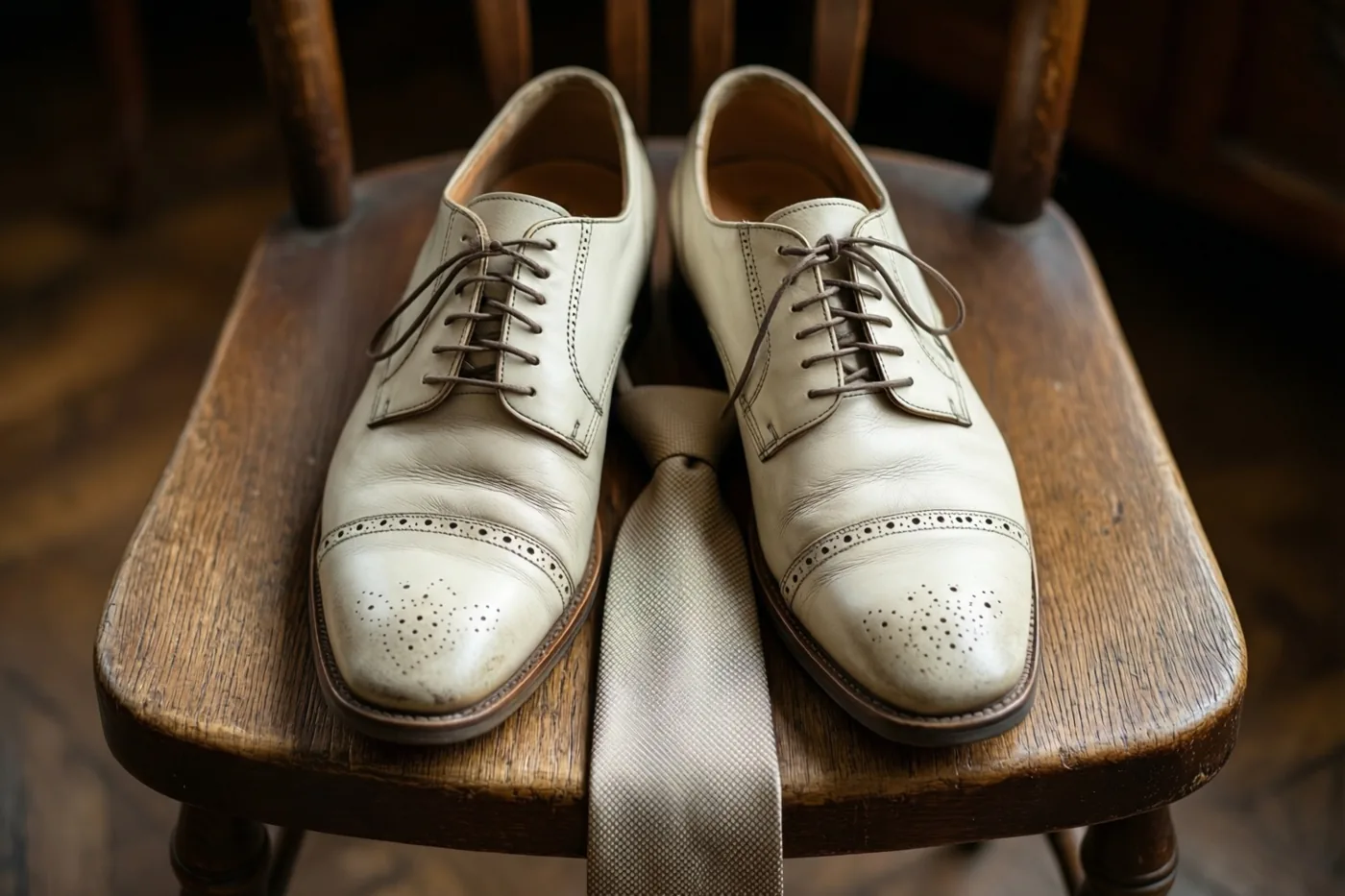 Een paar crèmekleurige brogues en een bijpassende das liggen op een rustieke houten stoel in warme tinten.