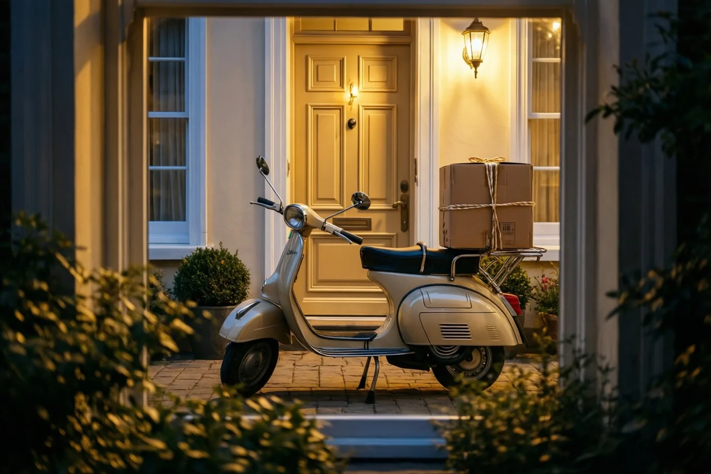 Een oude crèmekleurige scooter met een kartonnen verhuisdoos op de bagagedrager staat bij schemering op een stenen pad voor een warm verlichte gele voordeur, met onscherp groen op de voorgrond.
