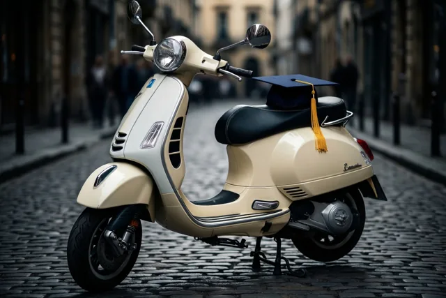 Geslaagd op een crèmekleurige scooter