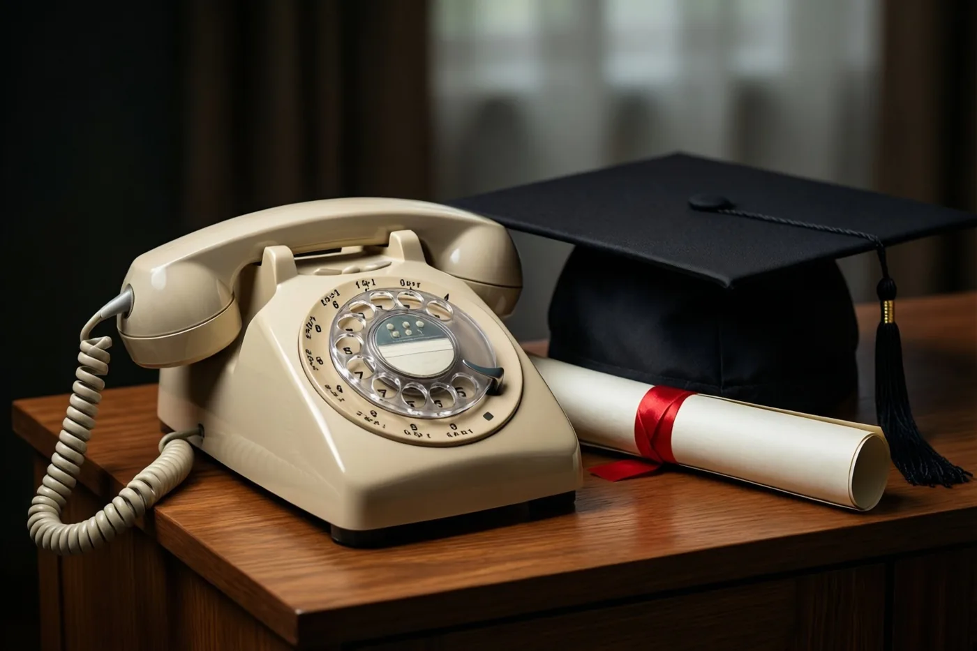 Een crèmekleurige telefoon met draaischijf staat op een houten dressoir naast een zwarte afstudeerhoed en een opgerold diploma met rood lint, in warm licht met een onscherpe achtergrond.