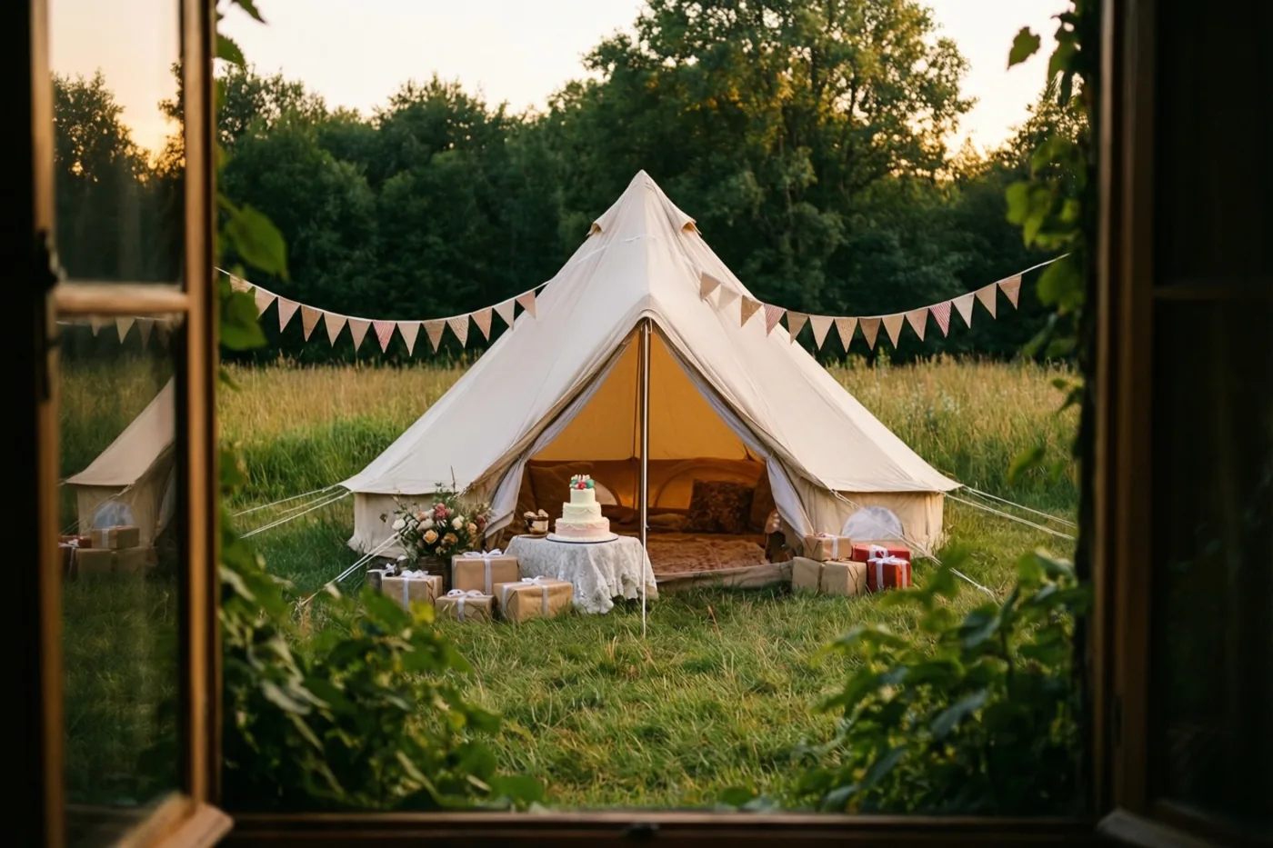 Een crèmekleurige kloktent met een vlaggetjesslinger staat bij schemering in een grasweide, met een zichtbaar bed binnen en een taart en ingepakte cadeaus buiten op het gras.