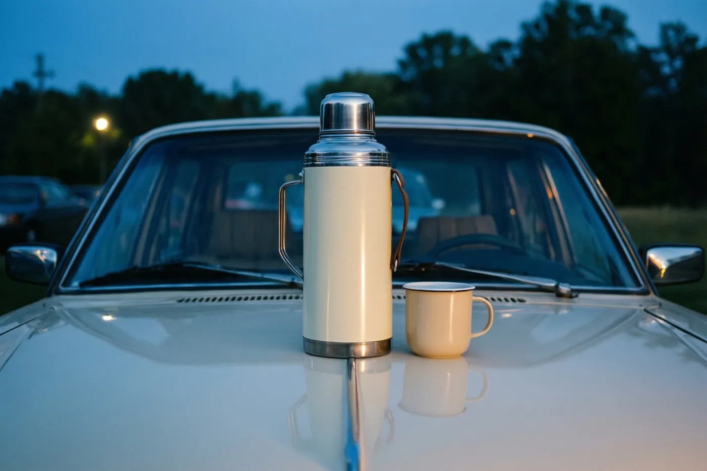 Een crèmekleurige retrothermos en een bijpassend kopje staan op de motorkap van een oldtimer bij een donker wordende hemel, met bomen en een straatlamp op de achtergrond.