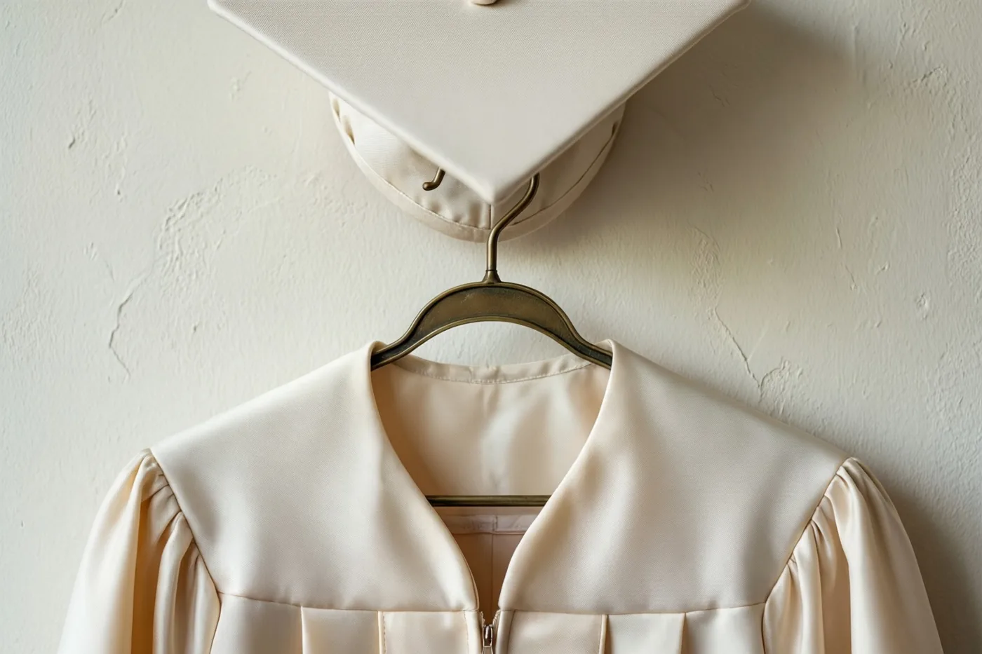 Een crèmekleurige afstudeertoga hangt aan een messing kleerhanger tegen een bleke gepleisterde muur met structuur, met een bijpassende afstudeerhoed erboven.
