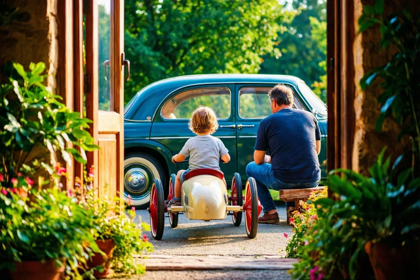 Door een open houten deuropening met potplanten zie je van achteren een kind met krullen in een crèmekleurige retrotrapauto met rode wielen en een man op een houten bank, met een donkergroene oldtimer en bomen op de achtergrond.