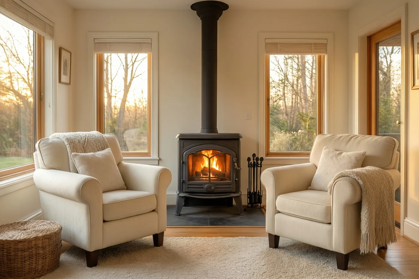 Twee crèmekleurige fauteuils staan aan weerszijden van een brandende zwarte houtkachel in een woonkamer met houten vloer en grote ramen met uitzicht op bomen bij zonsondergang.