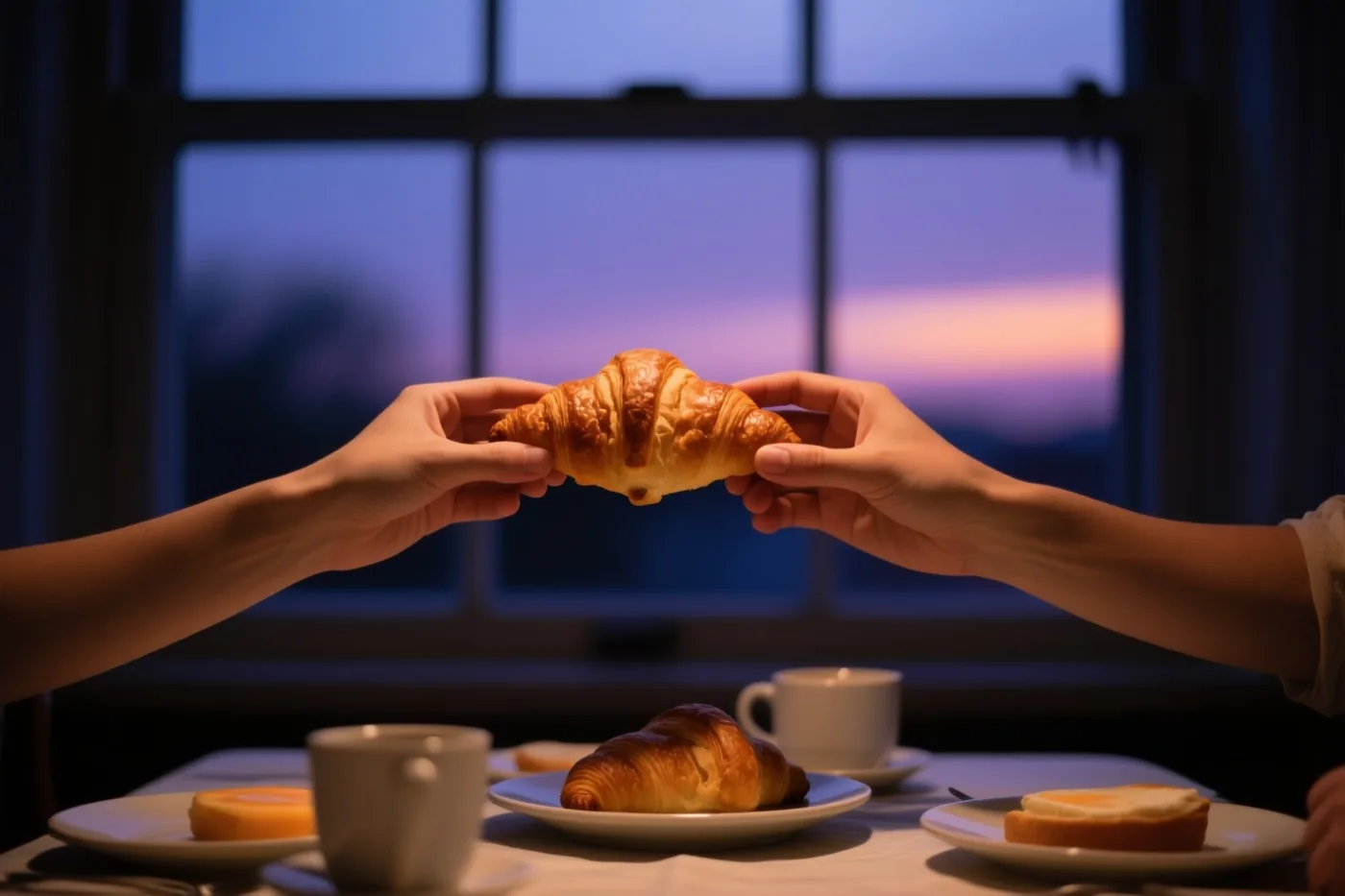 Twee handen houden een croissant boven een ontbijttafel met kopjes en gebak, met een schemerhemel achter het raam en warm licht in goudbruine, diepblauwe en paarse tinten.