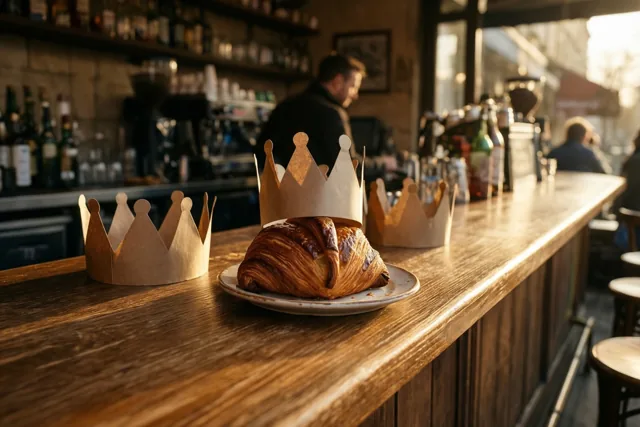 Op een houten cafétoog ligt een goudbruine croissant met een papieren kroon op een wit bord, naast twee andere kronen, met flessenrekken en een barista op de achtergrond.