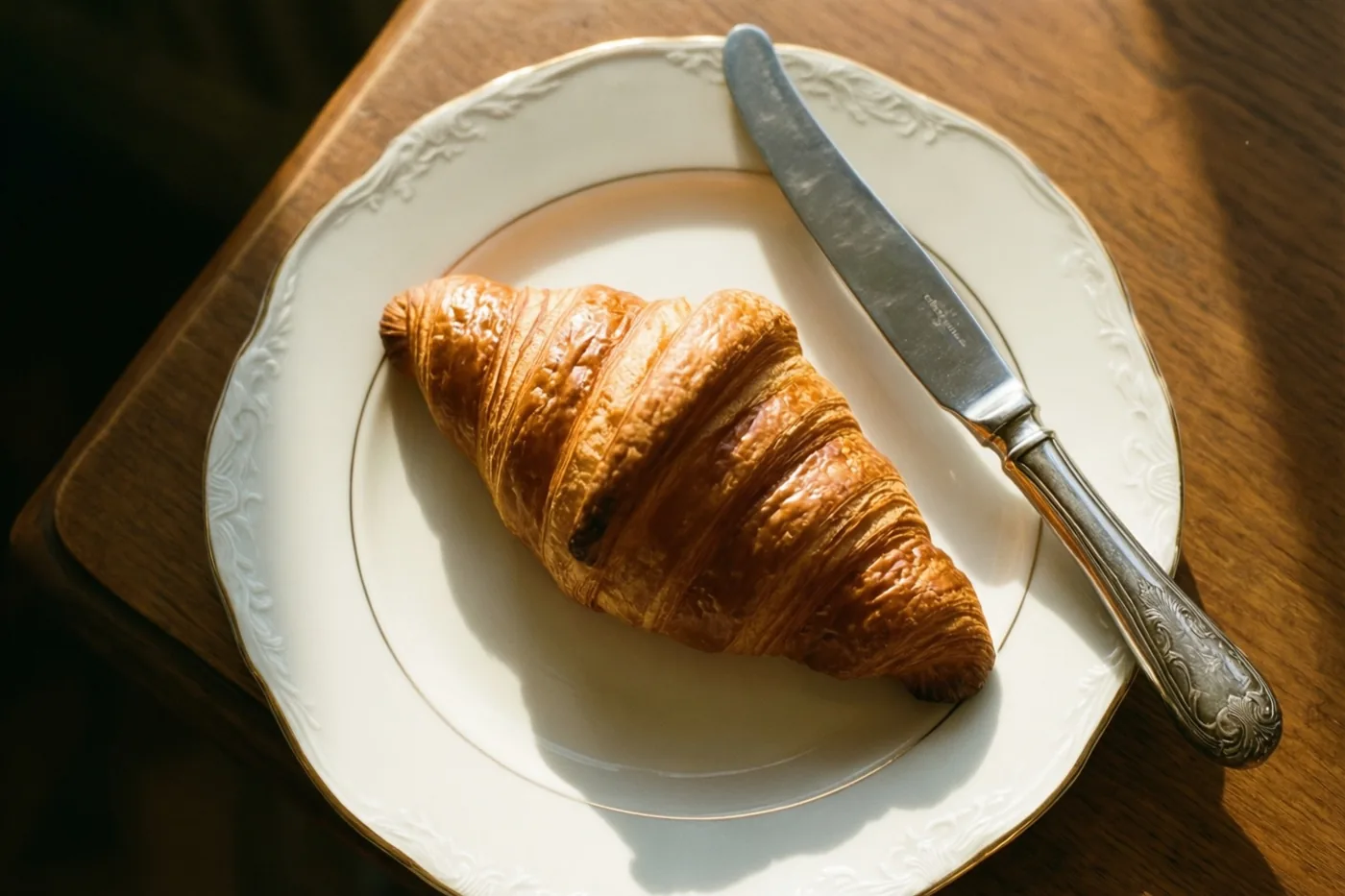 Een goudbruine croissant ligt op een wit porseleinen bord met een sierlijke rand, naast een zilveren botermes op een houten tafel in warm ochtendlicht.