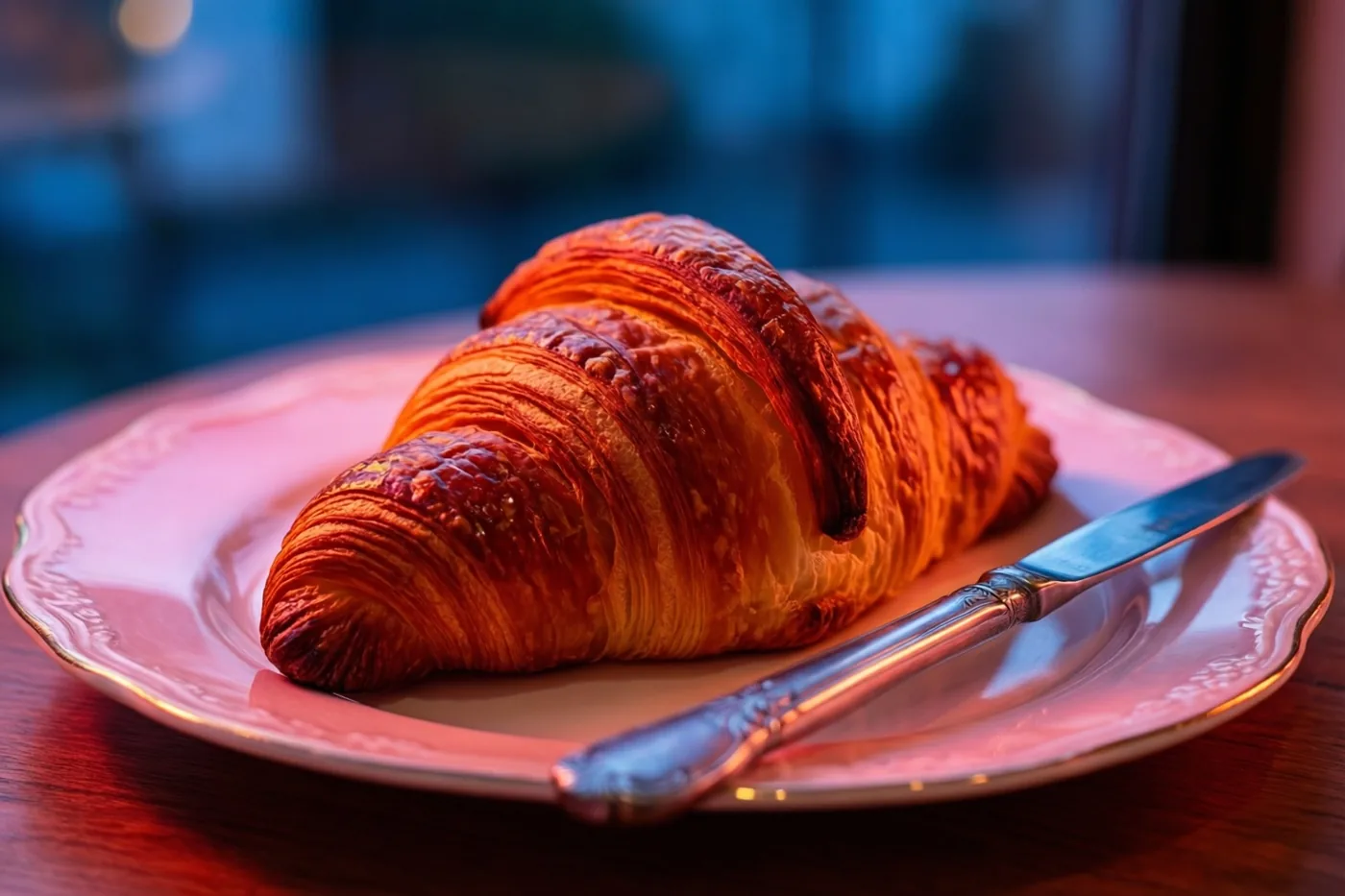 Een goudbruine croissant ligt op een sierlijk wit porseleinen bord met een zilveren botermes ernaast, op een houten tafel in warm licht tegen een wazige blauwe achtergrond.
