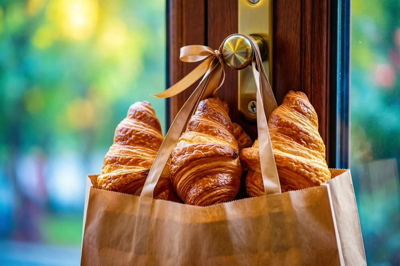 Een papieren zak goudbruine croissants met een lint hangt aan een messing deurklink, met een onscherpe groen-gele buitenomgeving op de achtergrond.