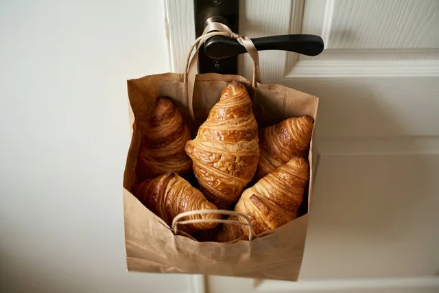 Dankjewel met croissants aan de deur
