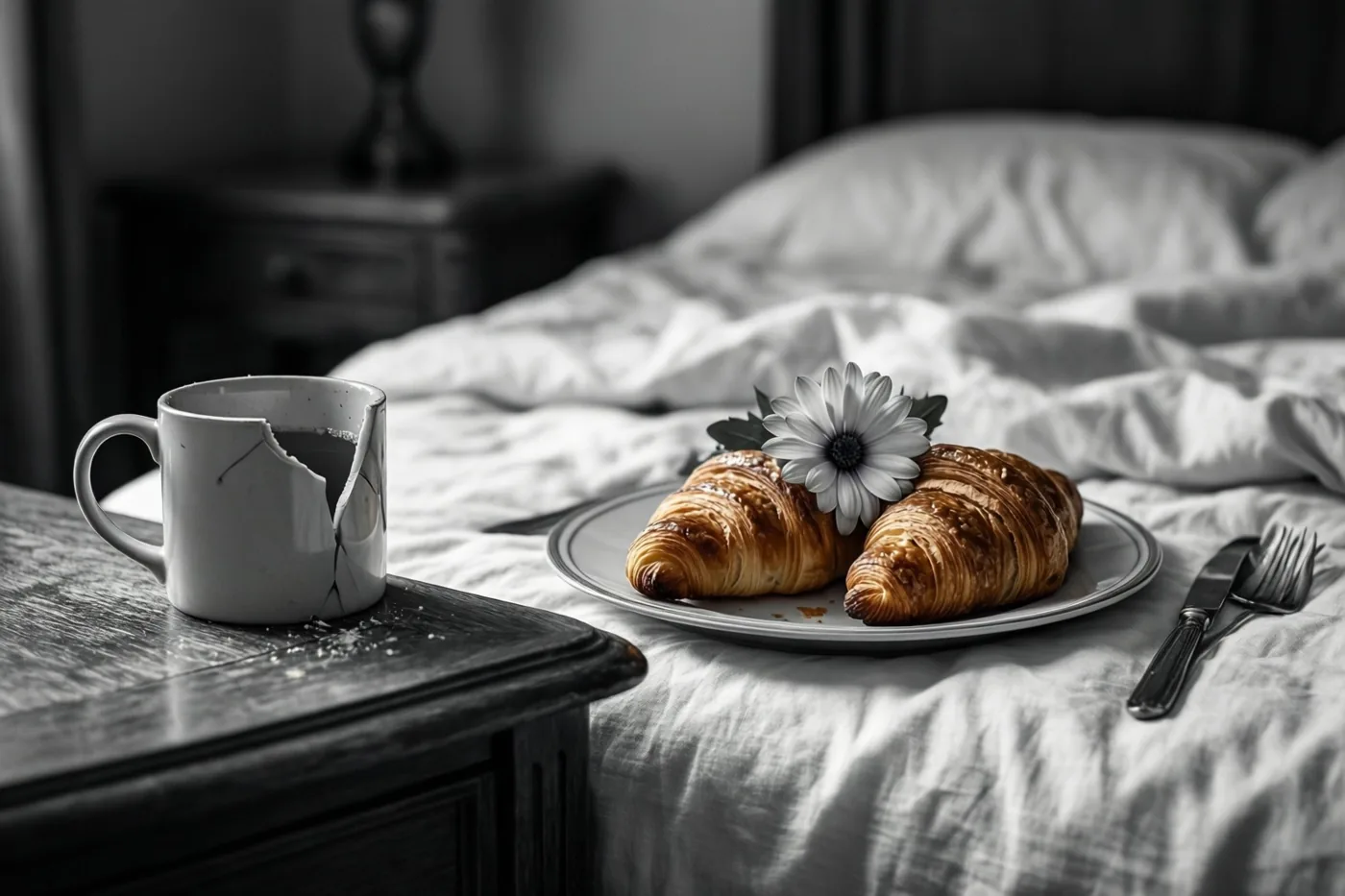 Twee croissants op een bord, een witte bloem en een gebroken mok op een bijzettafel vormen een ontbijt bij een bed met verkreukt wit beddengoed in een schemerige slaapkamer.