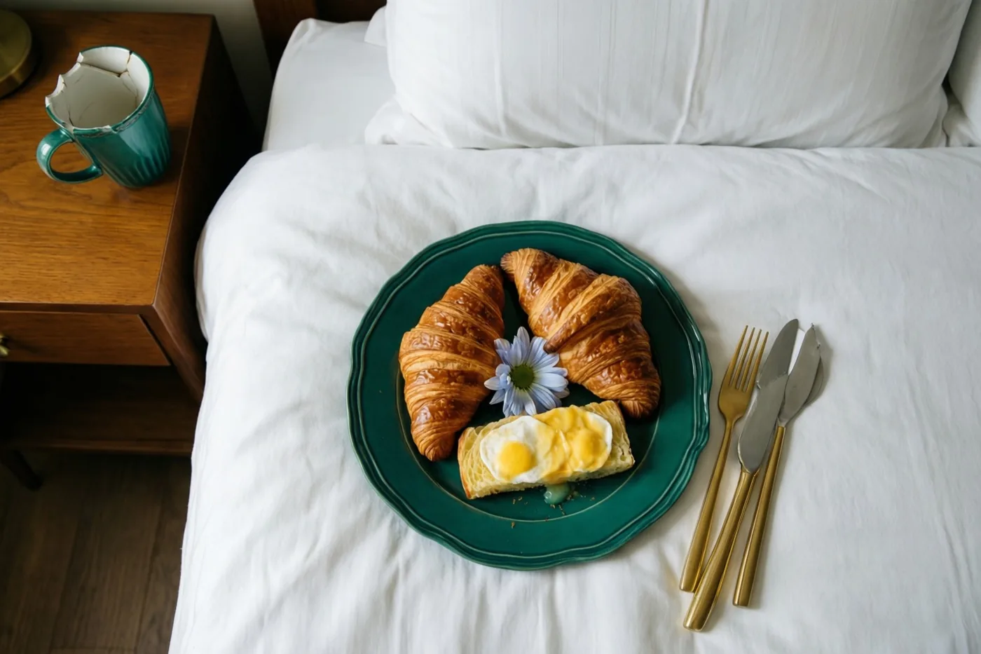 Twee croissants, een bloem en een spiegelei liggen op een groen bord op een wit bed, met een gebroken blauwgroene mok op een houten bijzettafel.