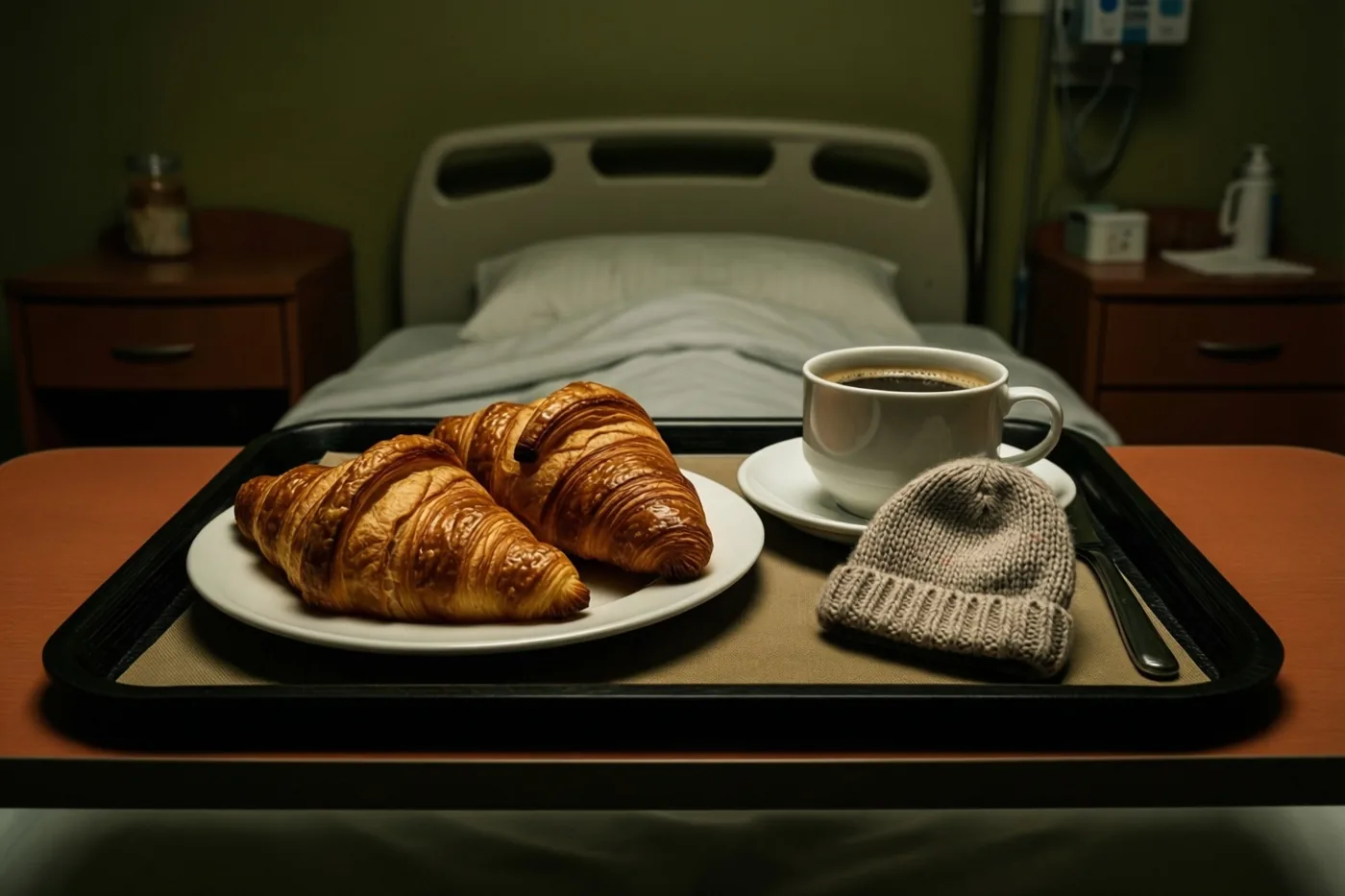 Een ontbijtplateau met twee croissants, een kop koffie en een klein gebreid babymutsje staat op een tafel in een warm verlichte ziekenhuiskamer met gedempt groene muren en een bed op de achtergrond.