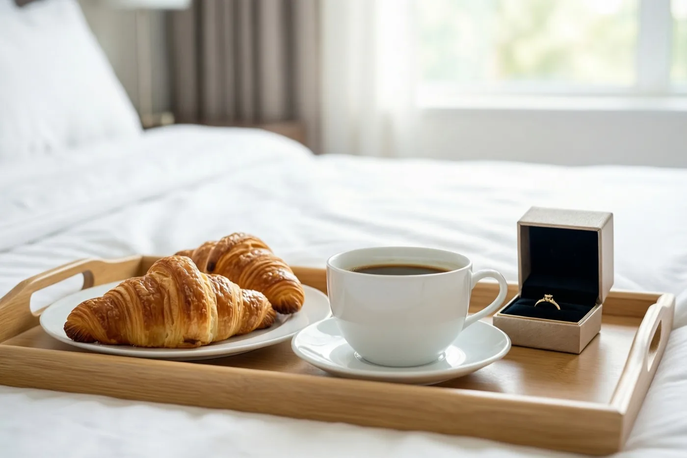Een houten dienblad met twee croissants, een kop koffie en een open ringdoosje staat op een bed met wit beddengoed, in zacht daglicht uit een raam.