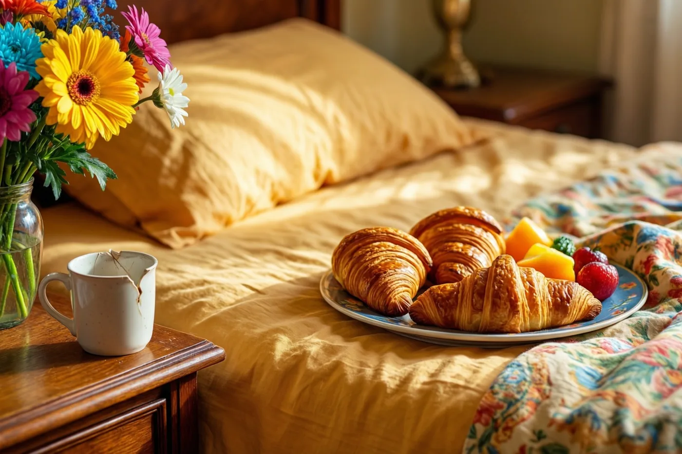 Croissants en vers fruit liggen op een bord bij een kleurrijk boeket in een glazen vaas, in een warm verlichte slaapkamer met geel beddengoed en een gebroken witte mok op het houten nachtkastje.