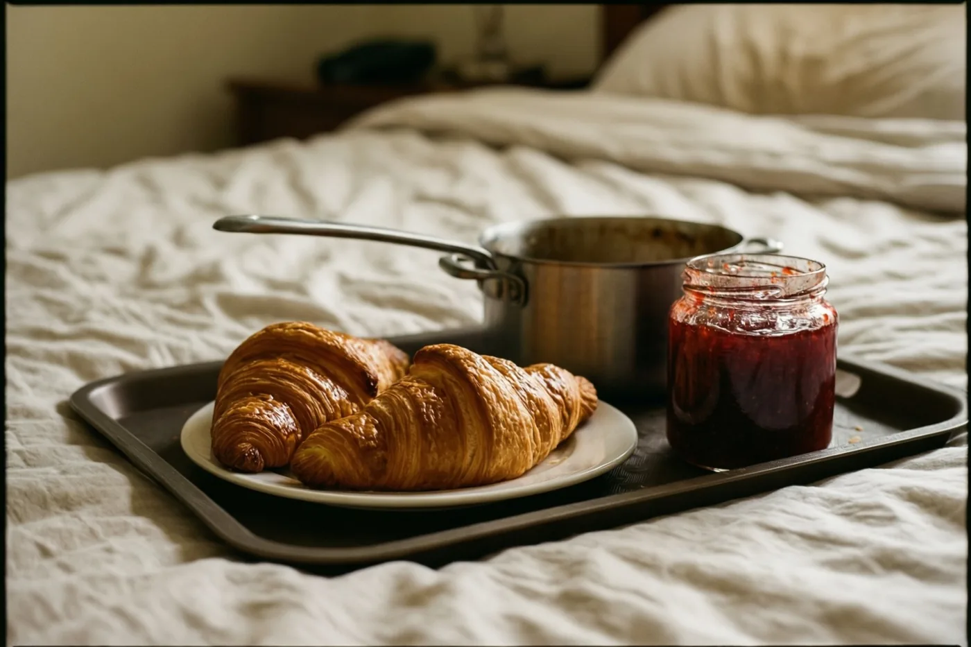 Een ontbijtdienblad met twee croissants en een pot confituur staat op een onopgemaakt wit bed in warm, goudkleurig licht.