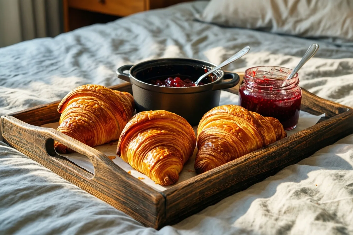 Drie goudbruine croissants en twee potjes rode confituur liggen op een houten dienblad op een verkreukte witte bedsprei in warm daglicht.