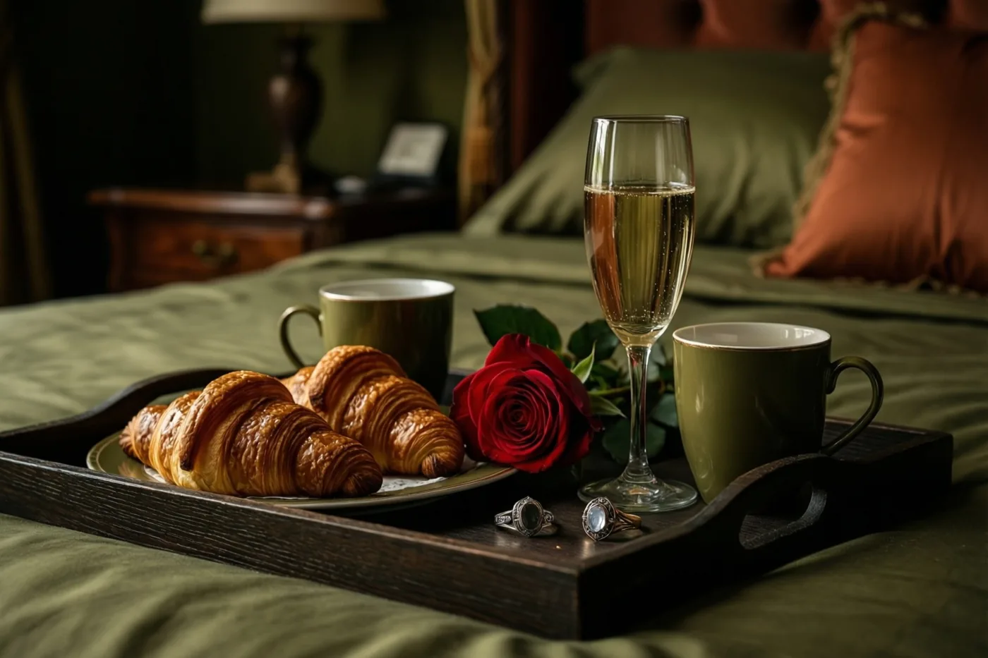 Een houten dienblad met croissants, een rode roos, twee groene mokken en een glas champagne staat op een bed met groene lakens in warm licht.