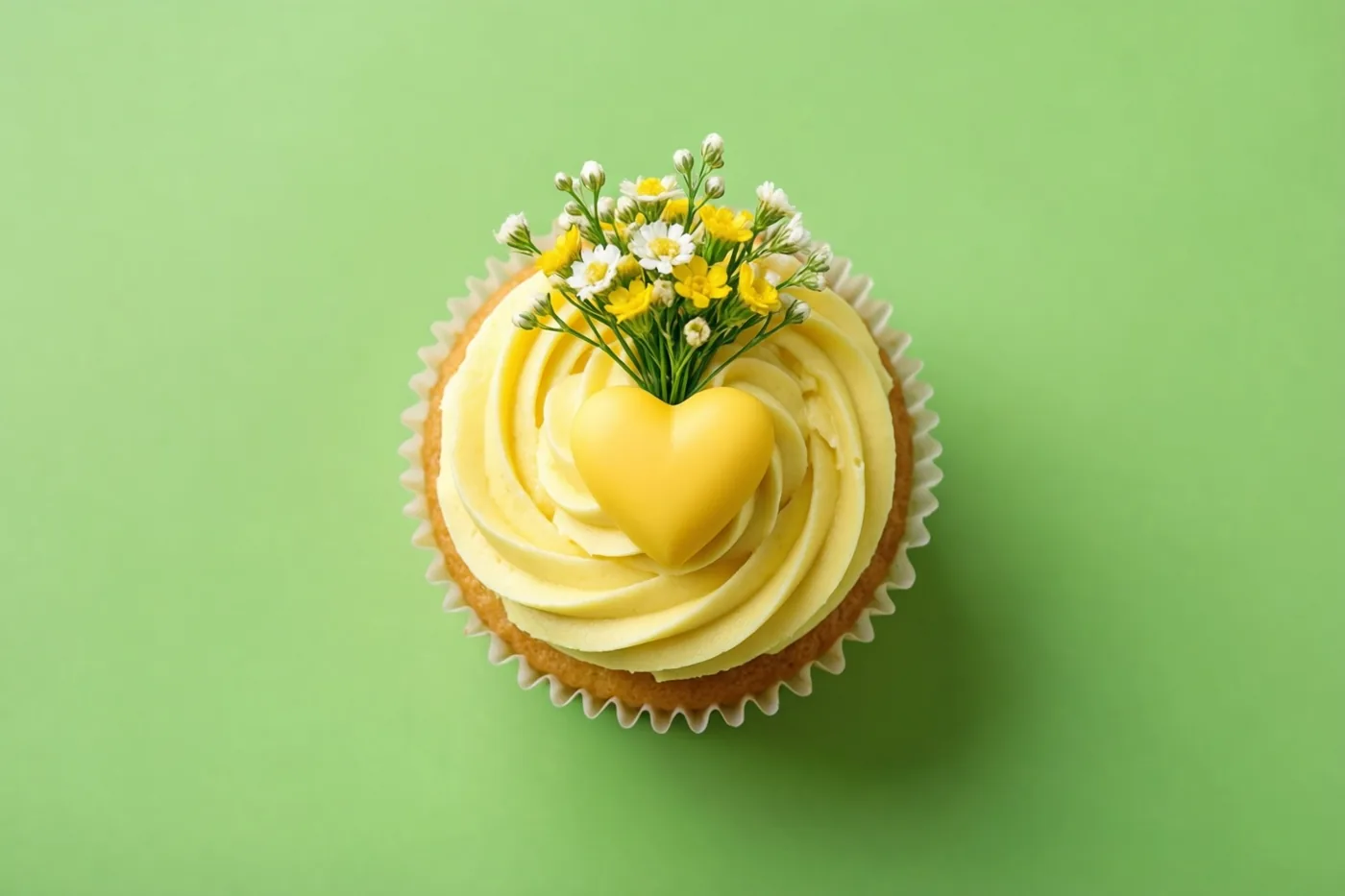 Een cupcake met geel glazuur, een geel hartje en een klein boeketje gele en witte bloemen staat centraal tegen een effen groene achtergrond.