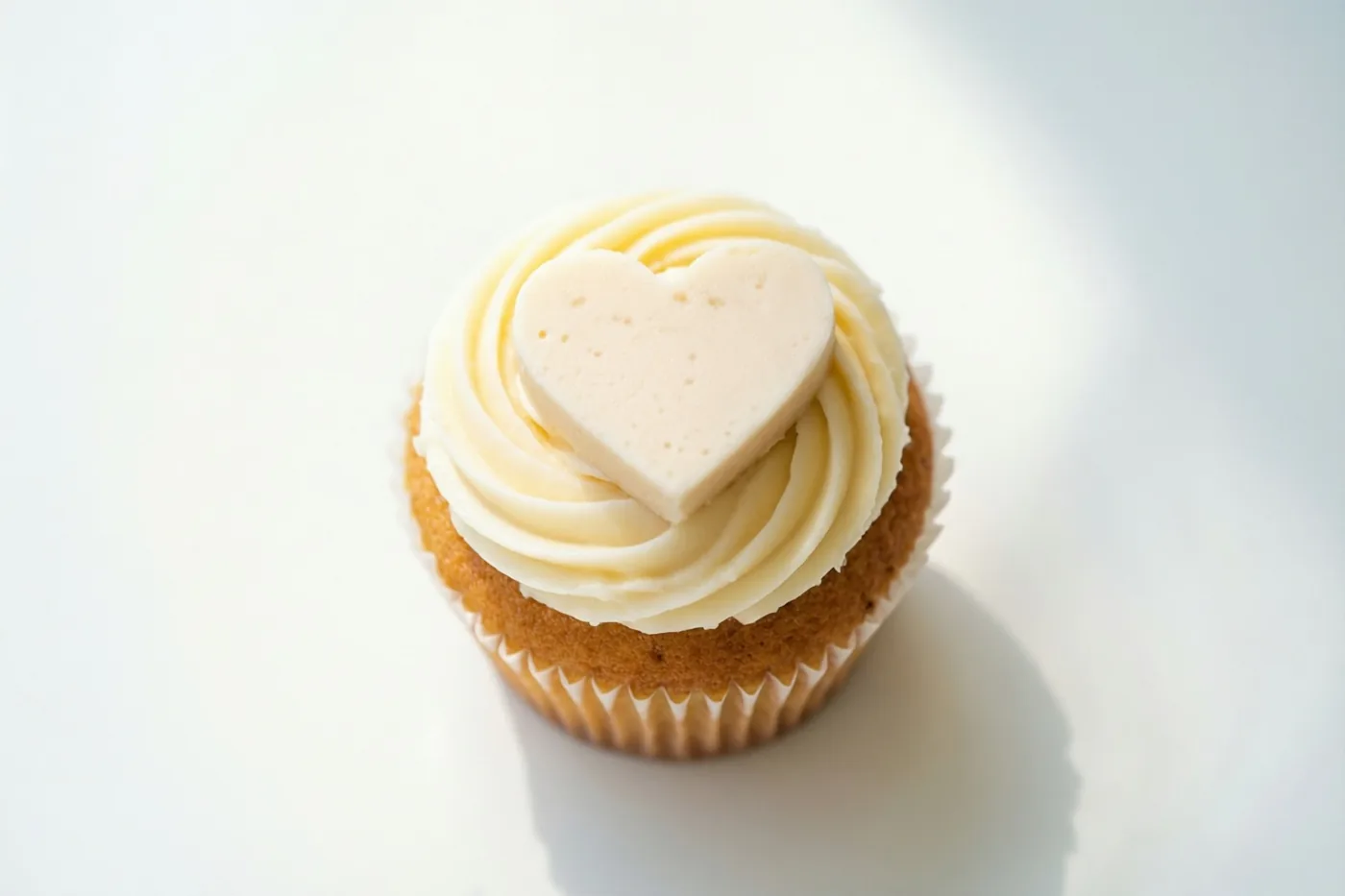 Een cupcake met witte crème en een hartje van glazuur staat op een effen witte ondergrond in zacht licht.