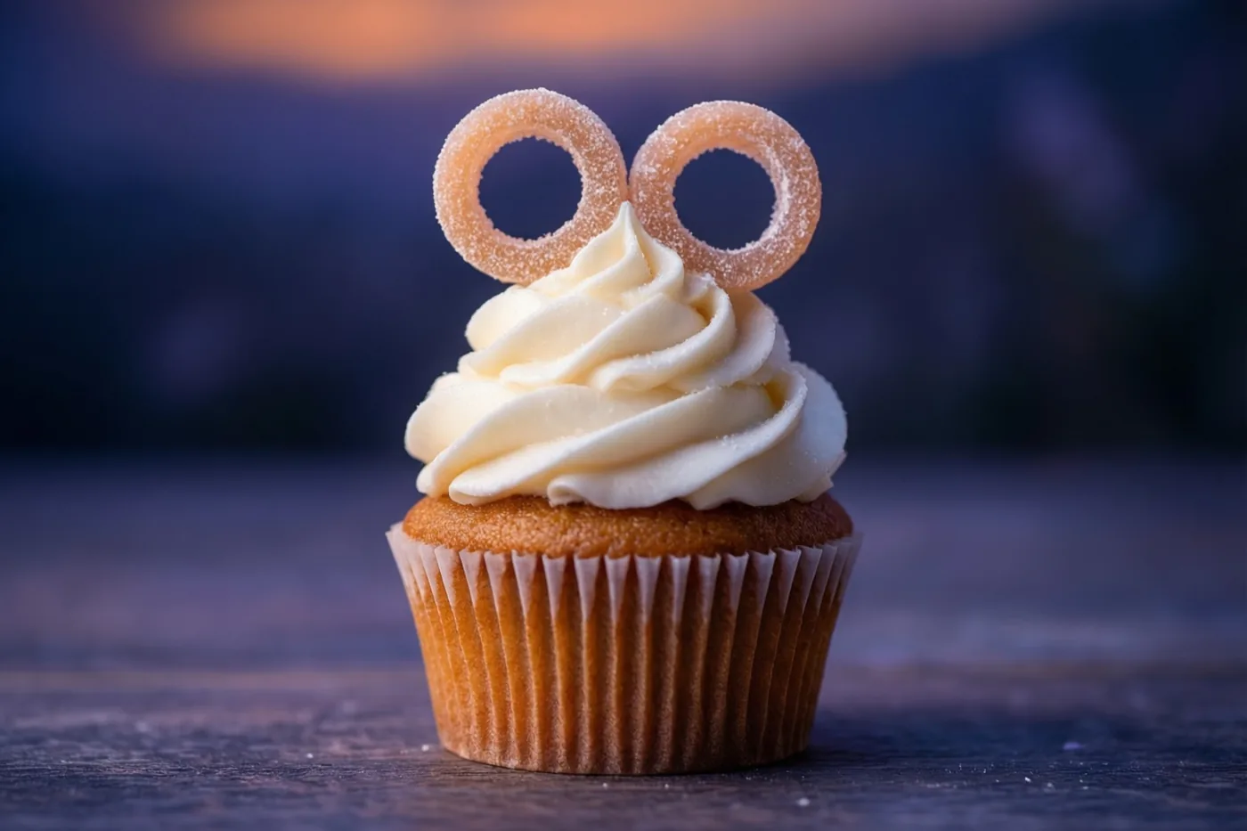 Een cupcake met wit glazuur en twee suikerringen staat voor een wazige schemerachtergrond in warme oranje en koele blauwe tinten.