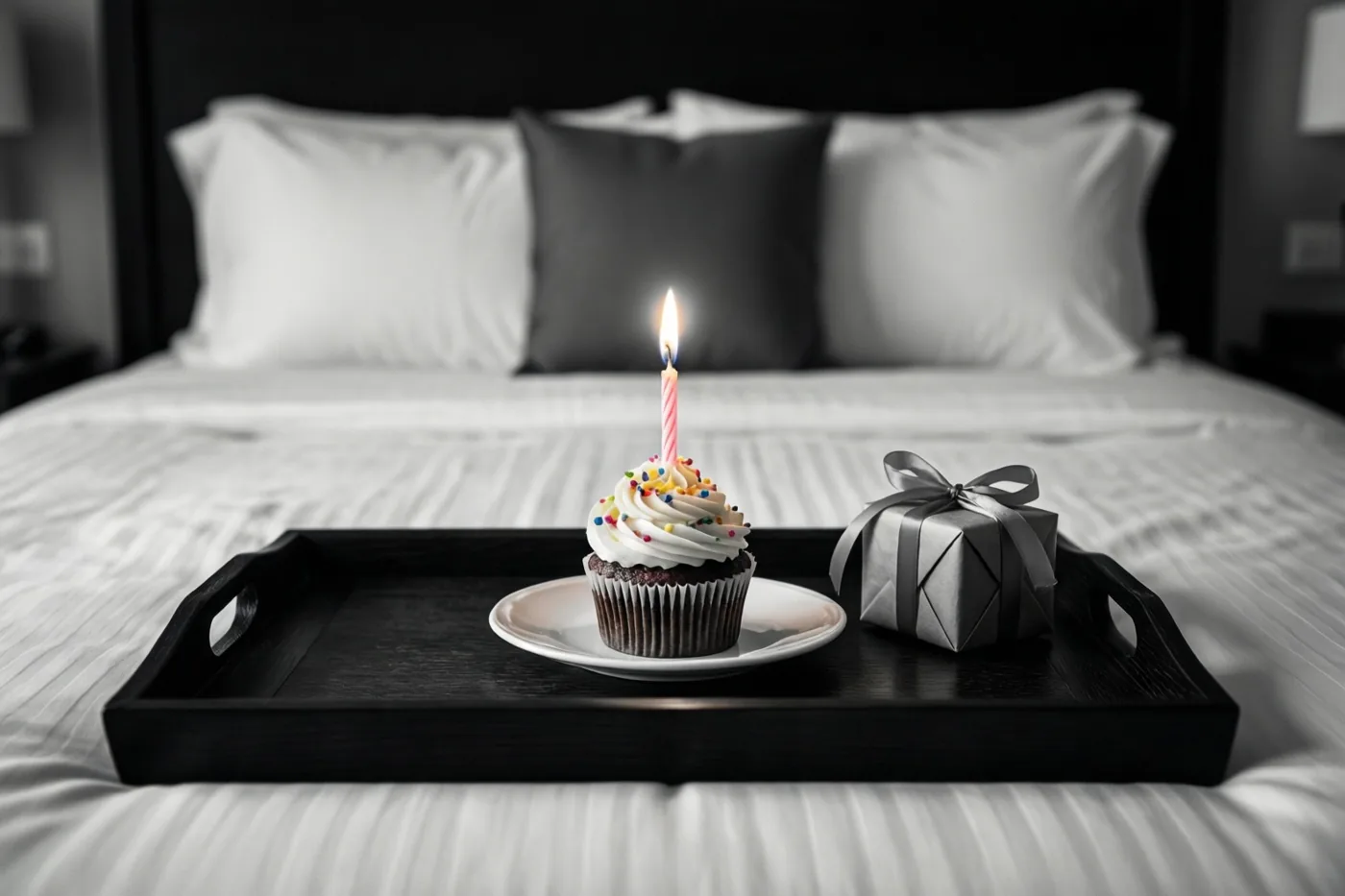 Een zwart dienblad met een cupcake met brandend kaarsje en een klein cadeaudoosje staat op een wit bed met kussens, waarbij alleen de suikerstrooisels en de kaarsvlam kleur hebben.
