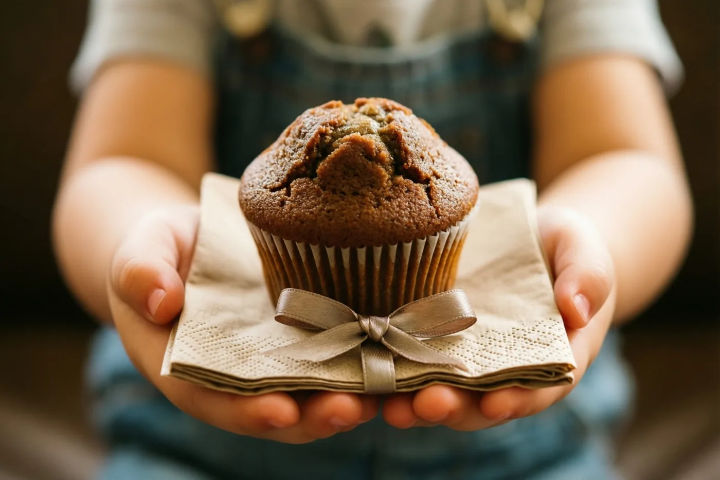 Kinderhanden houden een zelfgemaakte cupcake op een gevouwen papieren servet met een klein strikje vast in warm licht tegen een wazige achtergrond.
