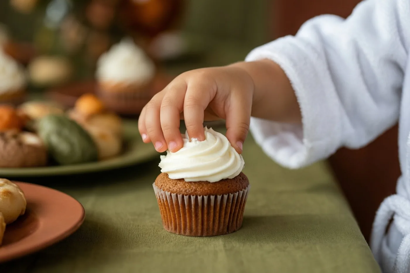Een kinderhand uit een witte gewaadsmouw reikt naar een cupcake met wit glazuur op een groen tafelkleed, met ander gebak op de achtergrond.