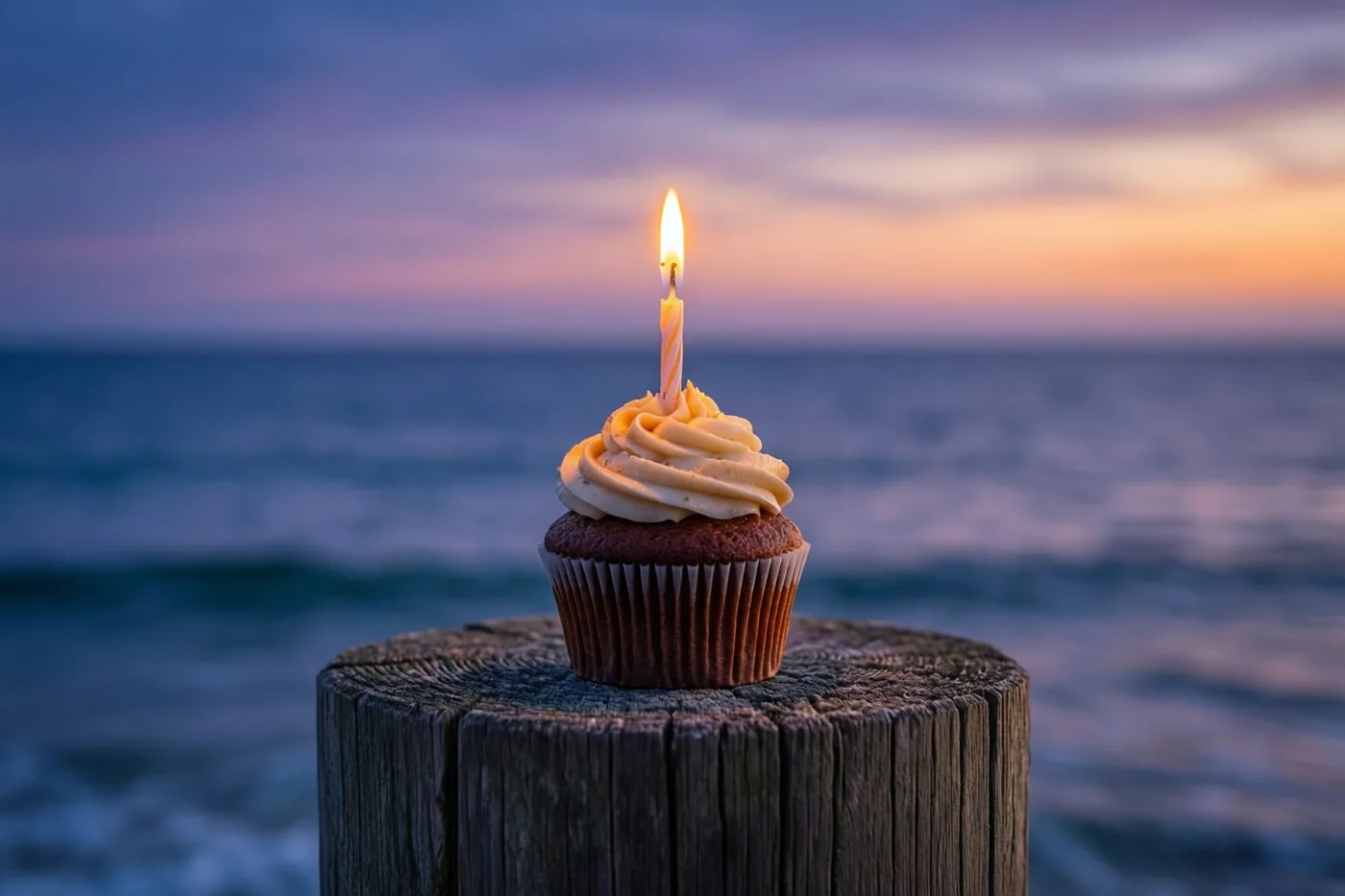 Een cupcake met één brandend kaarsje staat op een verweerde houten paal van een pier, met de zee bij zonsondergang en zachte paarse, oranje en blauwe schemertinten op de achtergrond.