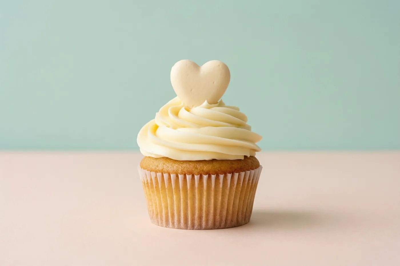 Een cupcake met witte crème en een hartje van glazuur staat op een zachtroze ondergrond tegen een licht muntgroene achtergrond.