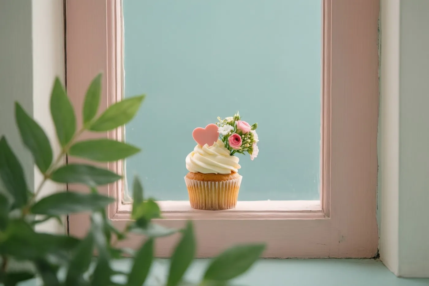 Een kleine cupcake met wit glazuur, een roze hartje en een klein boeketje staat op een roze vensterbank, met een roze raamkozijn, groen op de voorgrond en een zachtblauwe achtergrond.