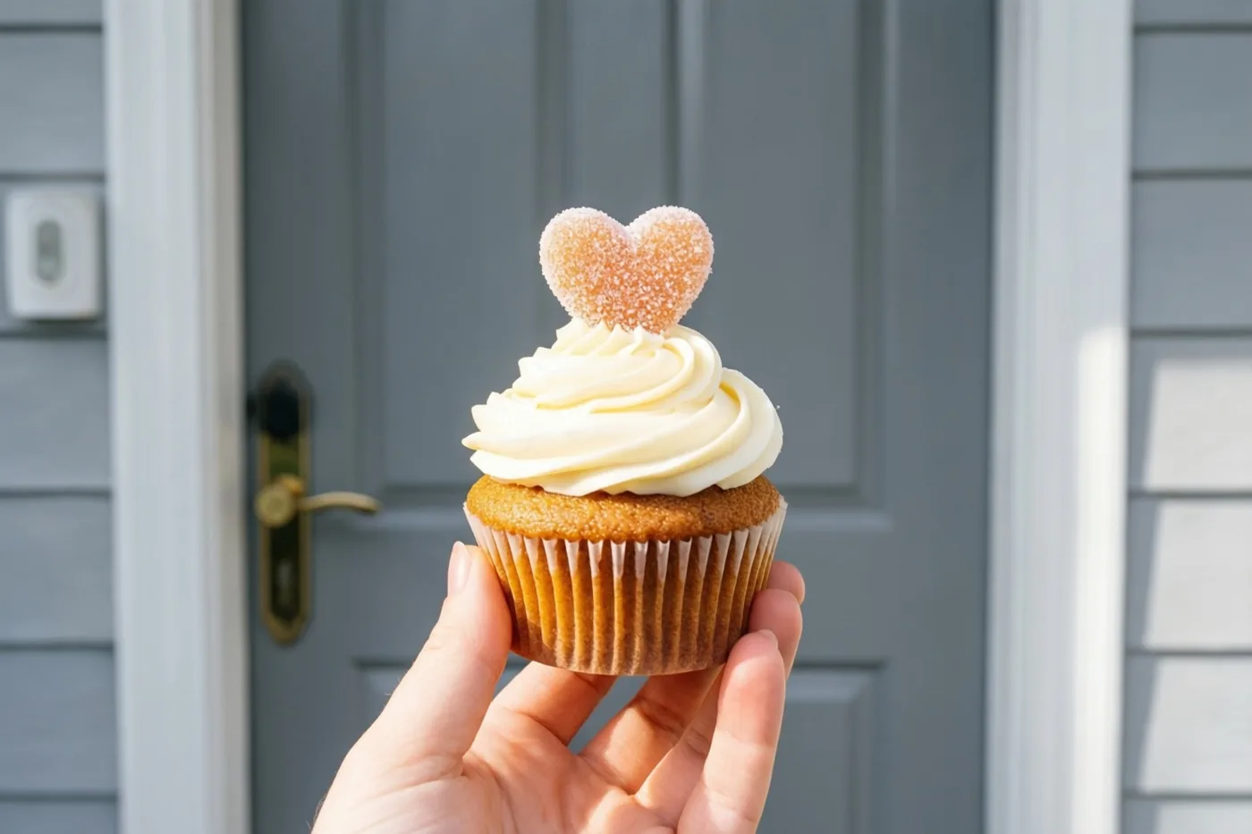 Een hand houdt buiten op een grijze ochtend een cupcake met witte topping en een gesuikerd hart voor een gesloten grijze voordeur.