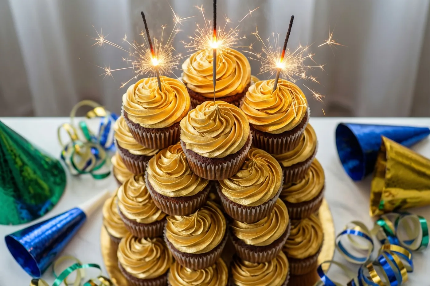 Een piramide van cupcakes met goudkleurig glazuur en brandende sterretjes staat op een tafel tussen feesttoeters en slingers in gouden, blauwe en groene tinten.