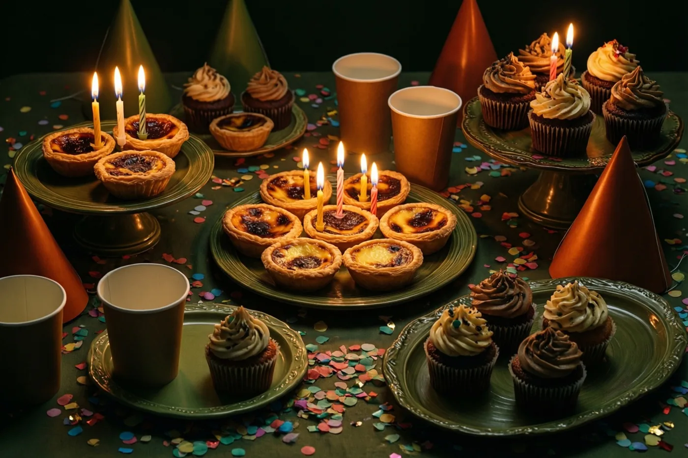 Confituurtaartjes en cupcakes met brandende kaarsjes staan tussen kleurrijke confetti, papieren bekers en feesthoedjes op een kinderfeesttafel in warm kaarslicht tegen een donkere achtergrond.