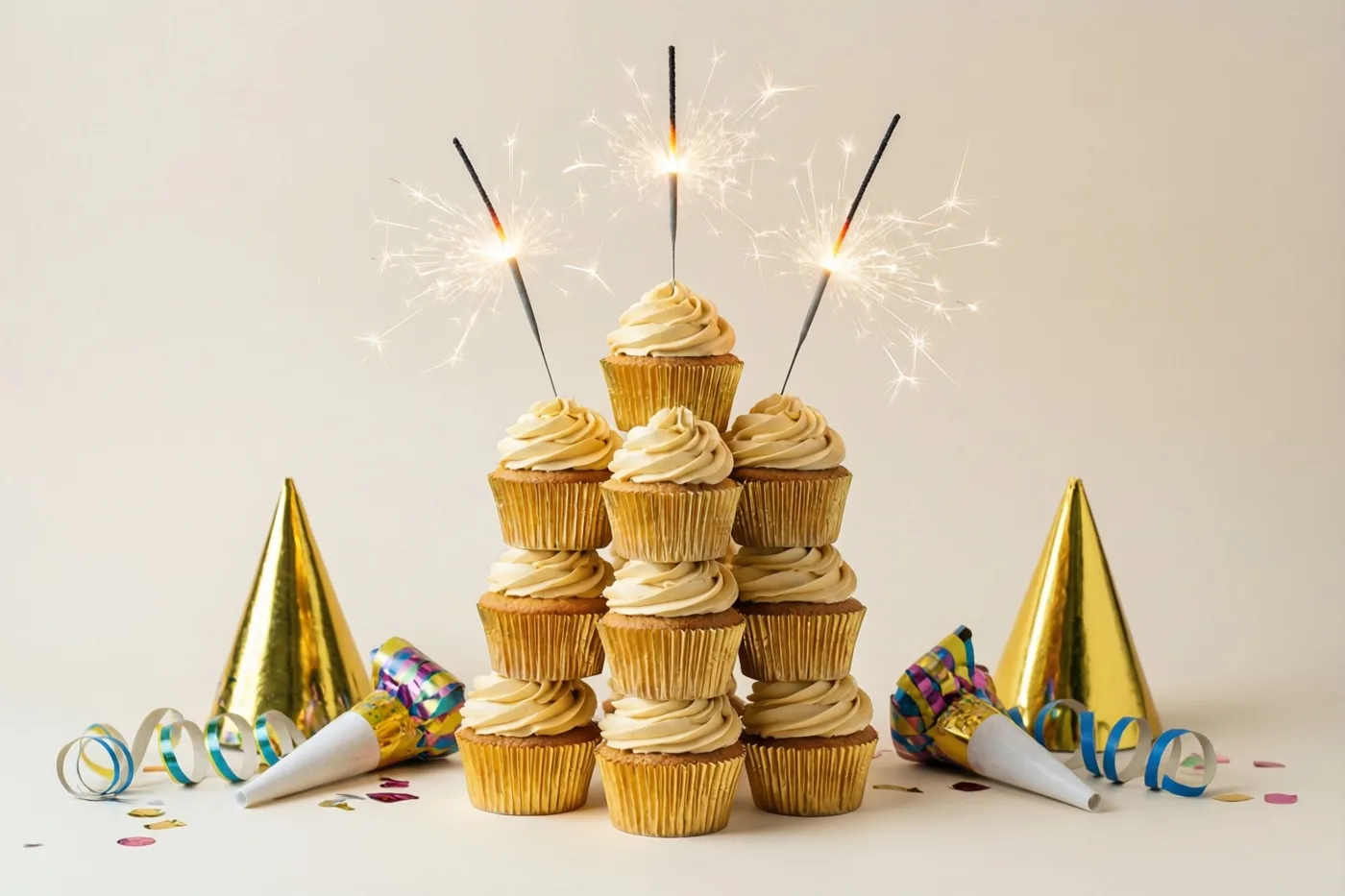 Een piramide cupcakes in gouden vormpjes met crèmeglazuur en elk een brandend sterretje staat tussen feesttoeters en slingers op een effen witte ondergrond.