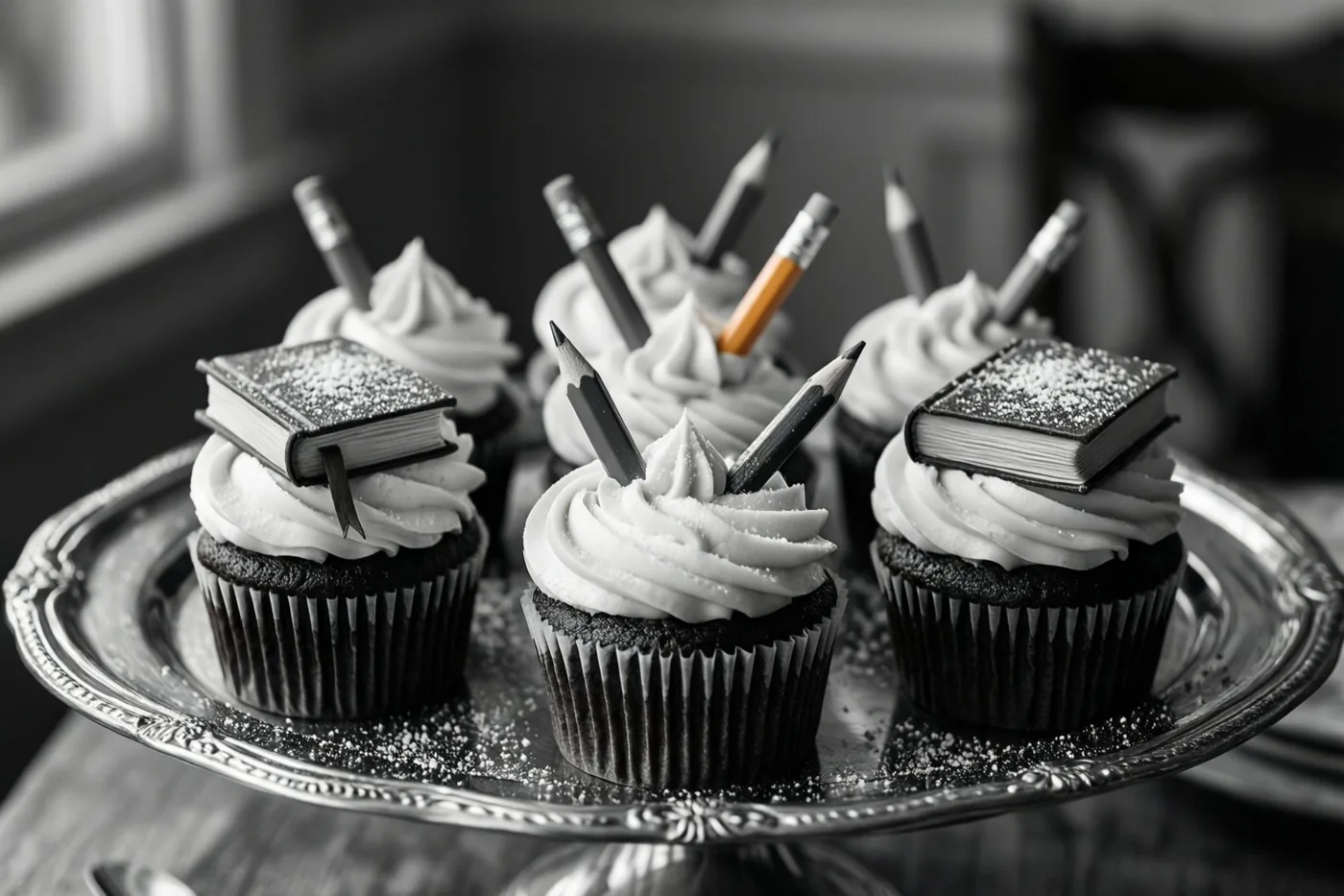 Op een zwart-witfoto staan chocoladecupcakes met wit glazuur, suikerboekjes en miniatuurpotloodjes op een sierlijk zilveren dienblad.