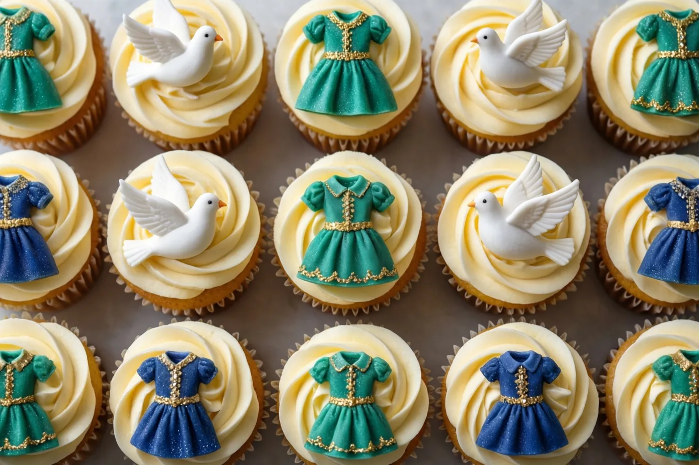Vanillecupcakes met toefjes crèmekleurige glazuur en kleine doopkleedjes of witte duifjes van suiker staan in een regelmatig patroon tegen een neutrale achtergrond.