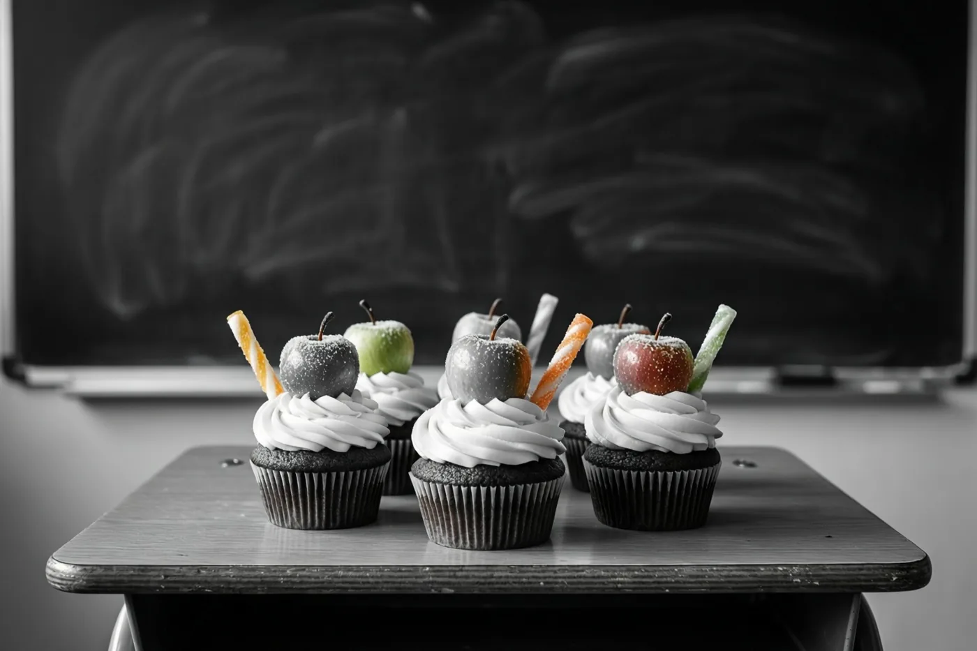 Cupcakes met wit glazuur, kleine suikerappeltjes en waskrijtjes van suiker staan op een houten schoolbank voor een zwart krijtbord met vage krijtvegen.