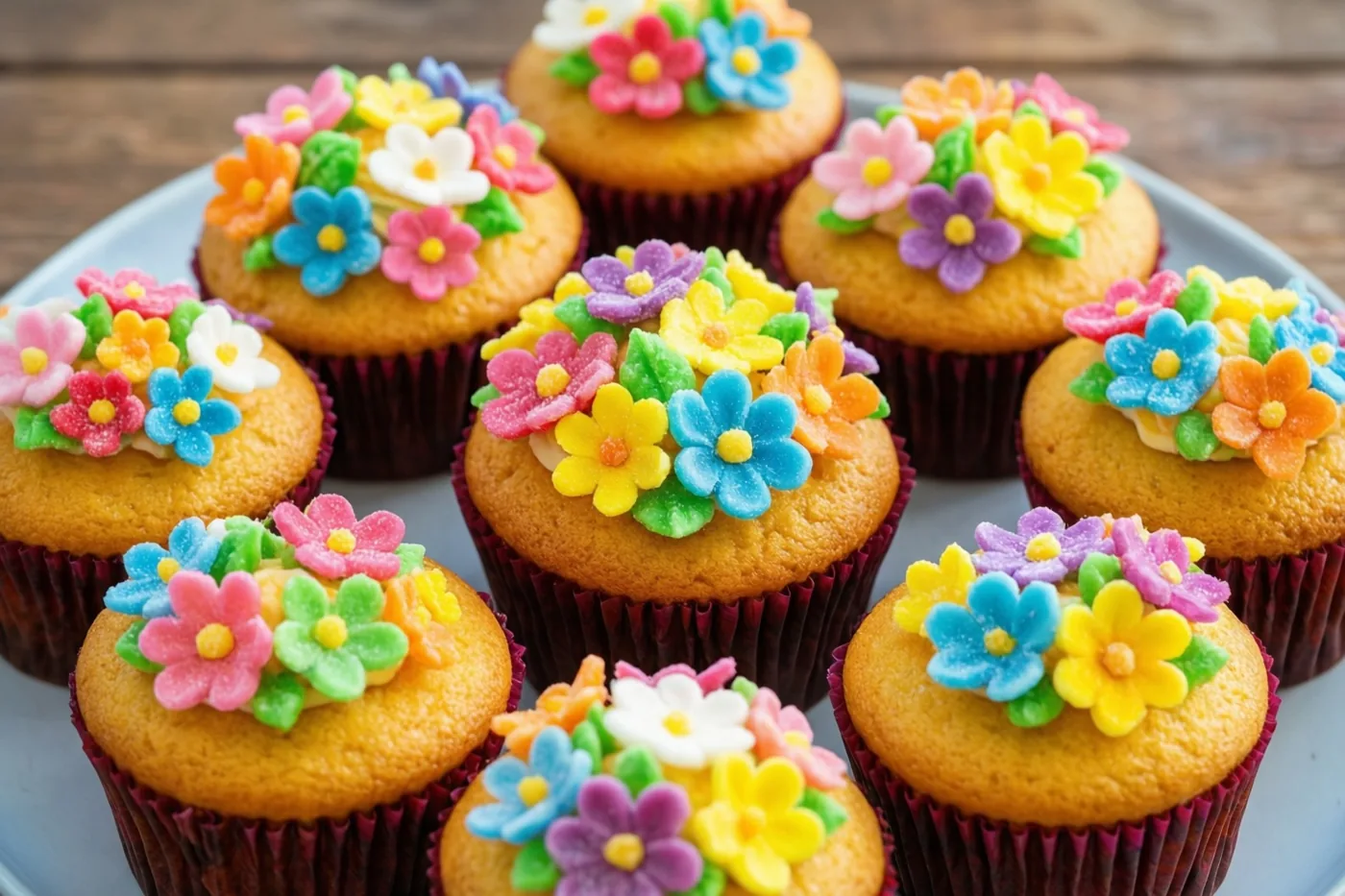 Goudgele cupcakes met roze, blauwe, gele en paarse suikerbloemen staan op een bord op een houten oppervlak.
